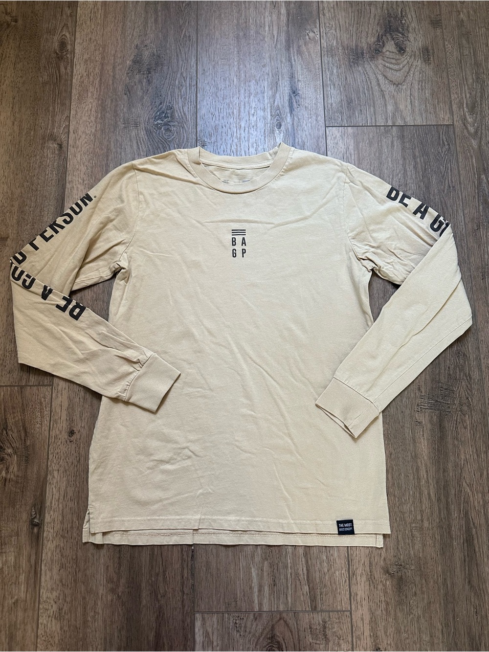 BAGP Long Sleeve Tee, Tan, Graphic,‎ Sleeve Detail, Casual, Unisex, Small
